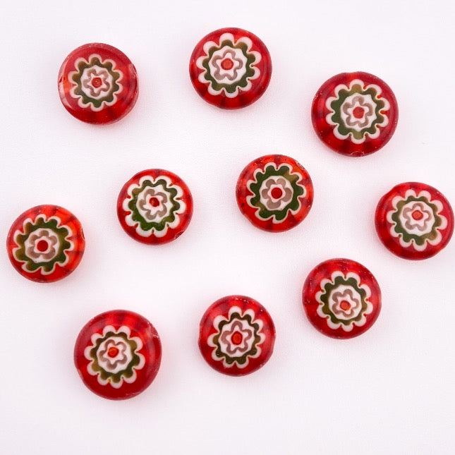 Millefiori Glasperlen rund 10 mm — rot